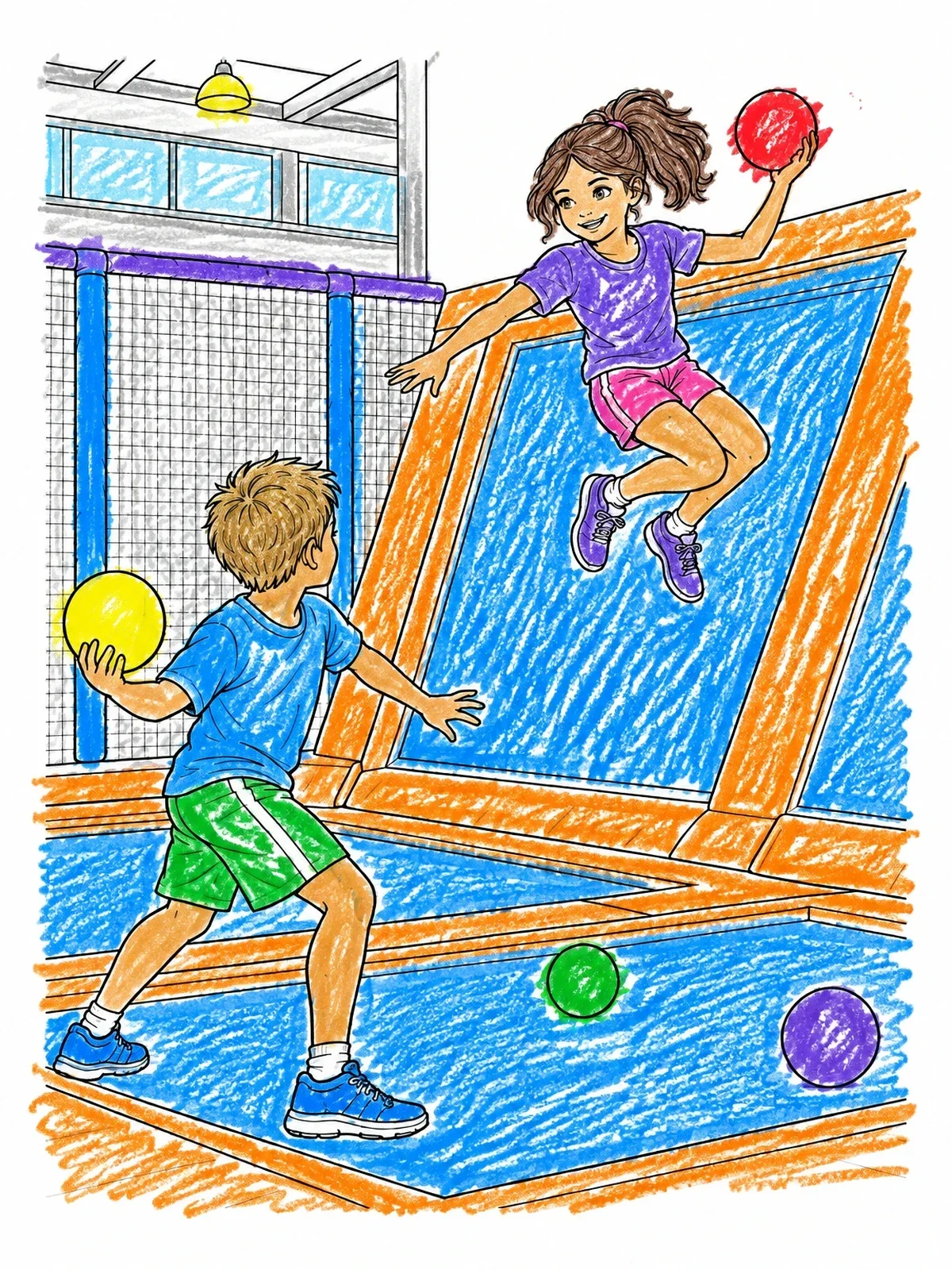 Colored example of the Trampoline Park Dodgeball Game coloring page
