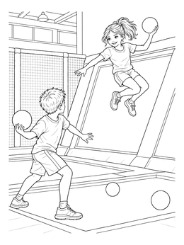 A lively trampoline park coloring page showing kids playing dodgeball on angled bounce mats.