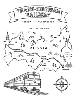 A Russia coloring page showing the Trans-Siberian Railway route across a map with a train.