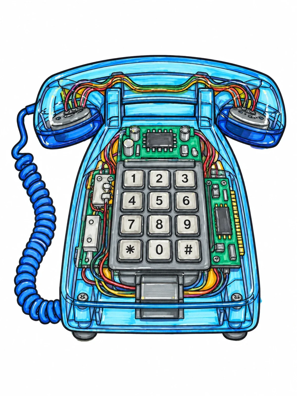Colored example of the Transparent Landline Phone With Circuitry coloring page