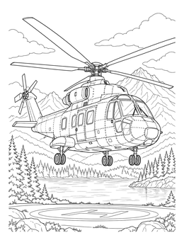 A detailed transport helicopter coloring page hovering above a scenic mountain helipad.