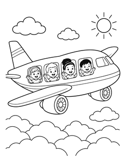 Smiling kids waving from airplane windows in this cute transportation coloring page.
