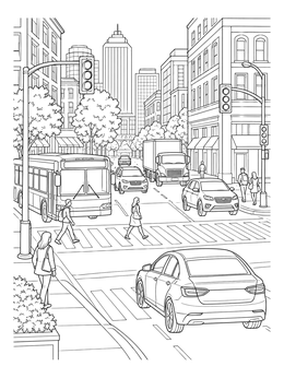 Cars, a bus, and pedestrians on a busy street in this transportation coloring page.