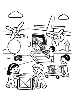 Children loading wooden boxes into a cargo plane on this transportation coloring page.