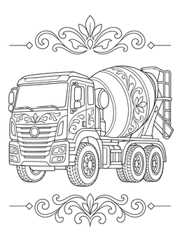 A decorated cement mixer on this transportation coloring page with elegant flourishes.