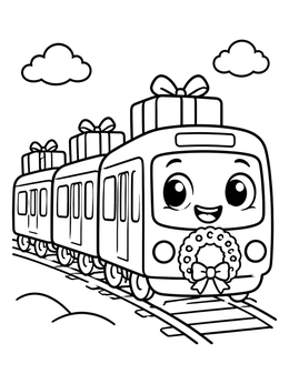 A friendly train carrying gifts on this transportation coloring page.