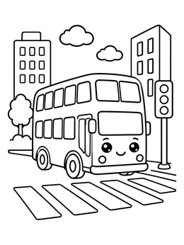 Cute double-decker bus at a crosswalk in this cheerful transportation coloring page.