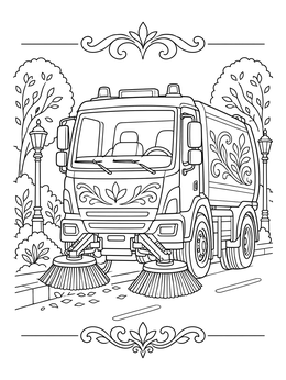 A detailed street sweeper truck cleans the road in this transportation coloring page.