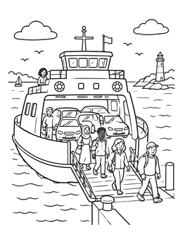 Passengers walk off a car ferry in this transportation coloring page.