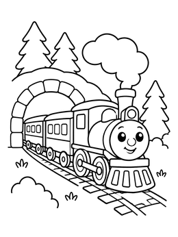 Happy cartoon steam train on tracks on this transportation coloring page.