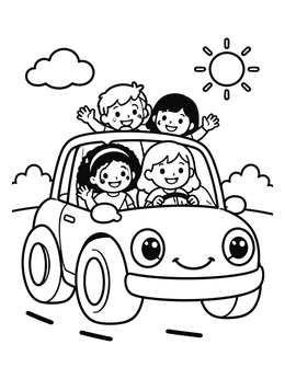 Free printable Happy Kids In A Cute Car coloring page