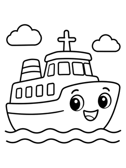 A smiling cute ferry boat on waves in this transportation coloring page.