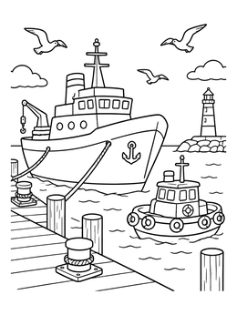 A big cargo ship and tugboat at the harbor in this transportation coloring page.