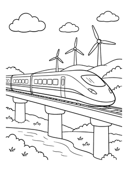 A modern bullet train on an elevated track in this transportation coloring page.