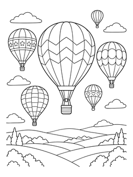 Several patterned hot air balloons float in the sky on this transportation coloring page.