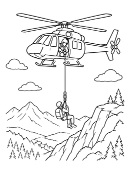 A mountain rescue helicopter hovers in this transportation coloring page.