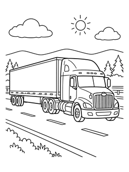 A semi-trailer truck travels on a highway in this transportation coloring page.