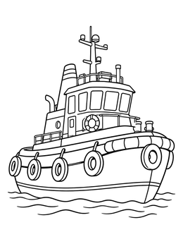 A sturdy tugboat floating on calm water in this transportation coloring page.