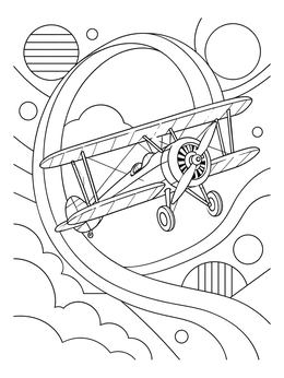 A vintage biplane looping in the sky on this transportation coloring page.