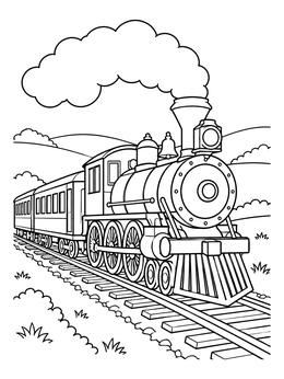 A vintage steam train on tracks makes a classic transportation coloring page.