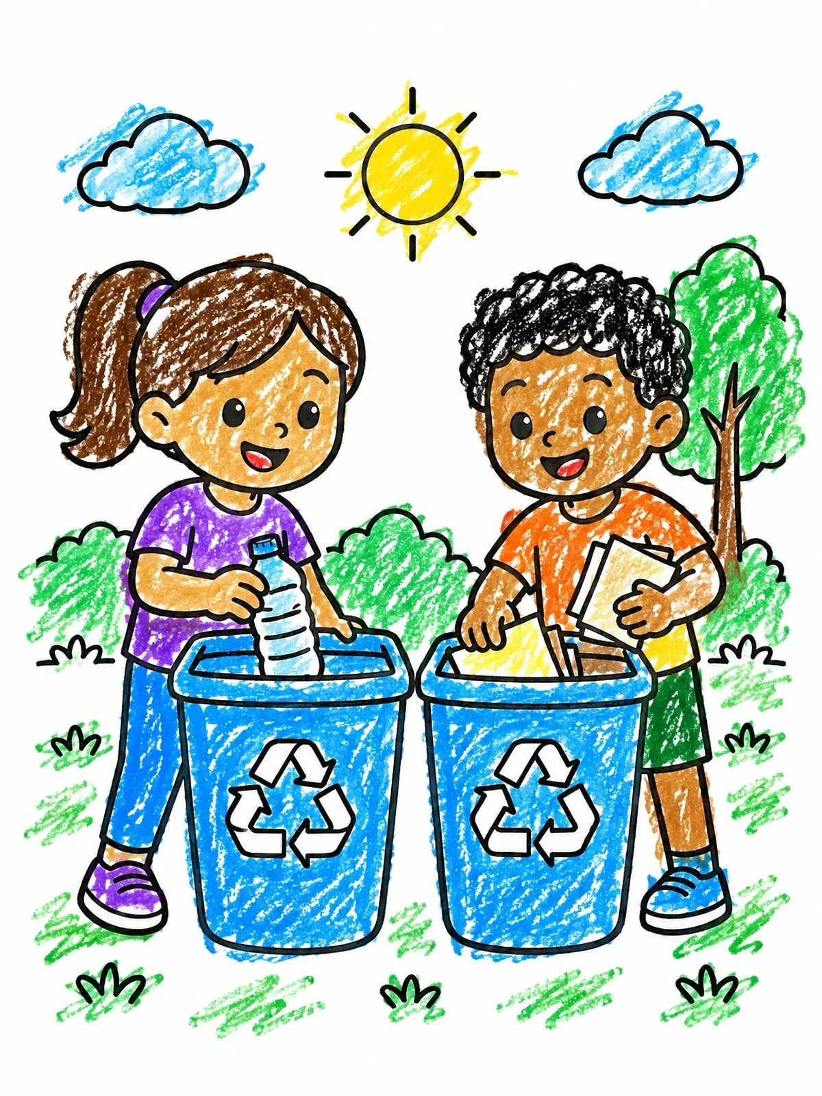 Colored example of the Children Recycling Plastic And Paper Outdoors coloring page