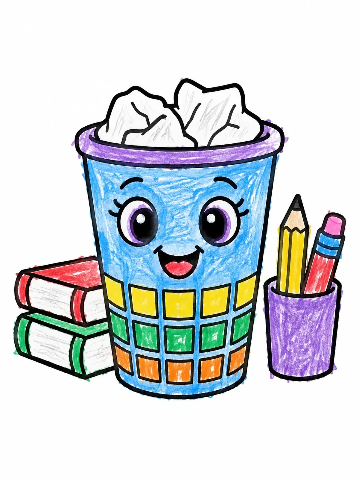 Colored example of the Cute Smiling Desk Wastebasket coloring page