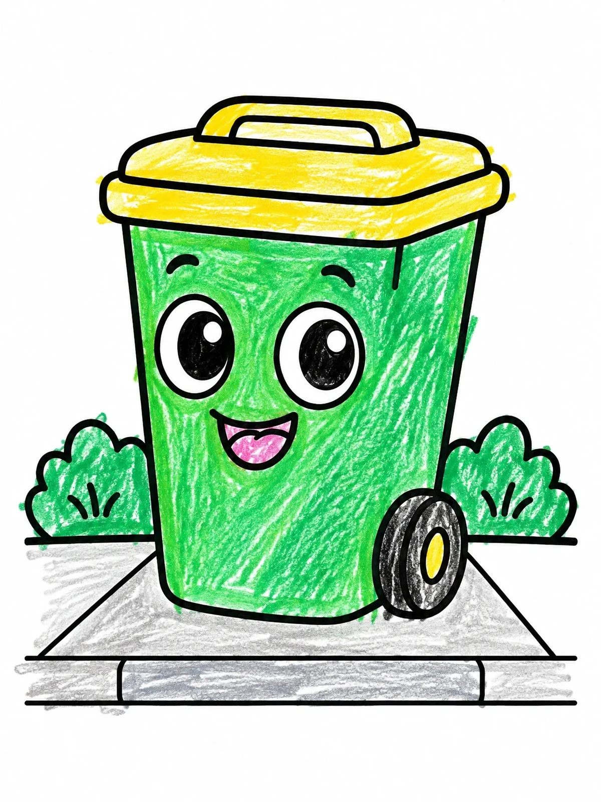 Colored example of the Happy Cartoon Wheelie Bin coloring page