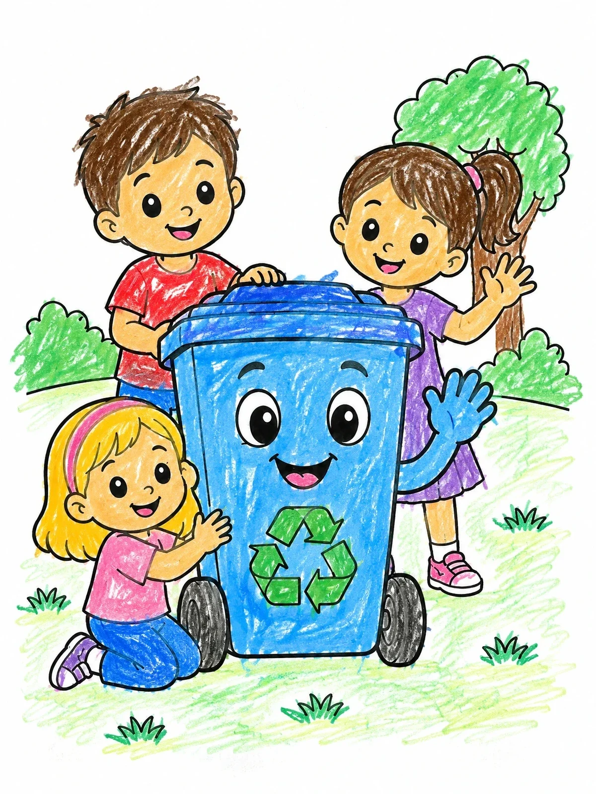 Colored example of the Happy Recycling Bin With Children coloring page