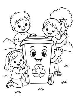 Free printable Happy Recycling Bin With Children coloring page