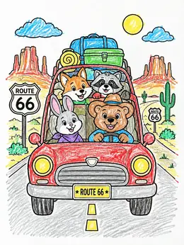 Cute Animals On Route 66 Road Trip – Travel Coloring Page