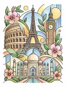 Famous World Landmarks Collage – Travel Coloring Page