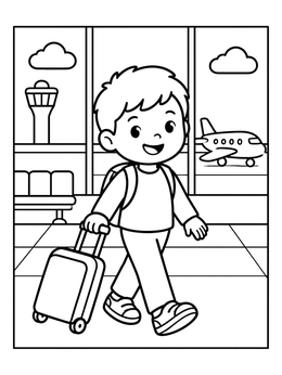 Free printable Happy Boy Walking Through Airport coloring page