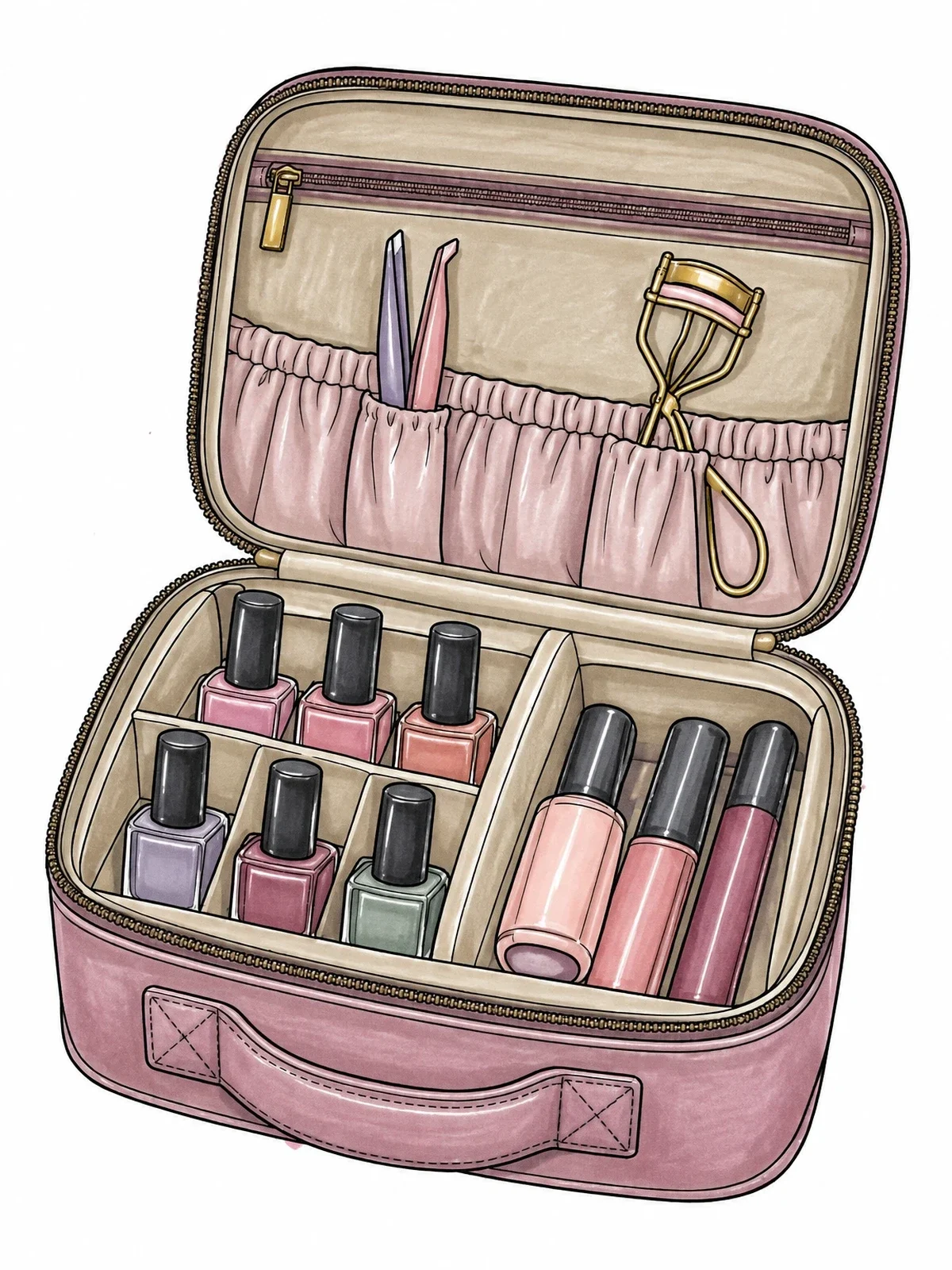 Colored example of the Open Travel Makeup Case Organizer coloring page