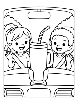 A cup coloring page showing two happy kids in a car behind a large travel mug with a straw.