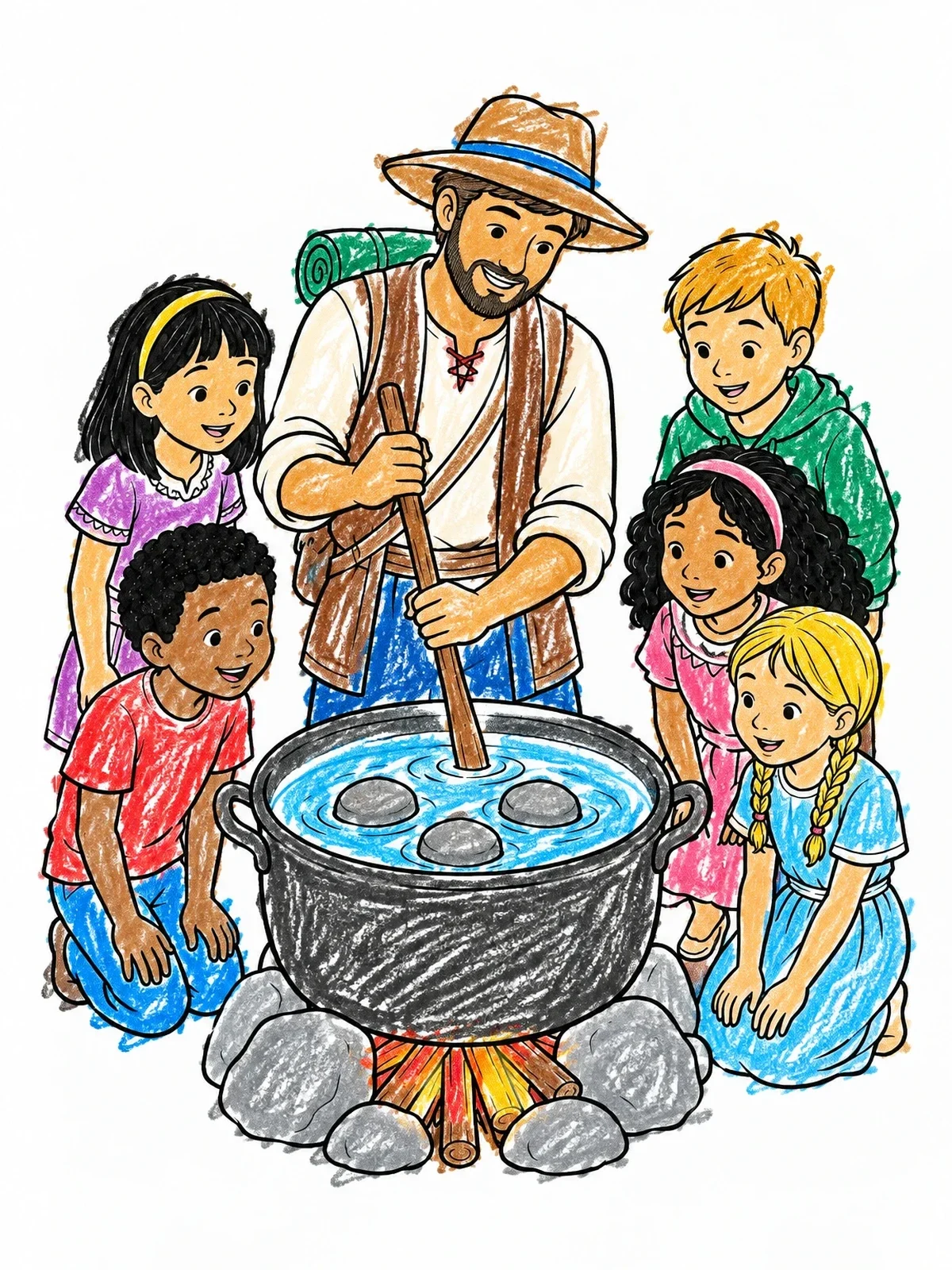 Colored example of the Traveler Cooking Stone Soup For Children coloring page