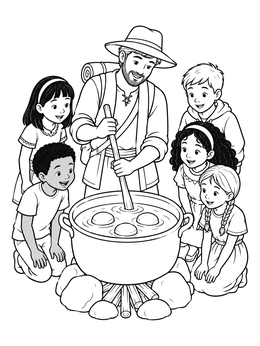 Free printable Traveler Cooking Stone Soup For Children coloring page