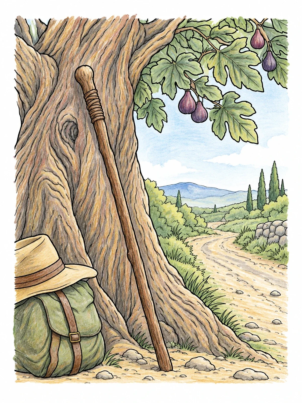 Colored example of the Traveler Gear By An Old Fig Tree coloring page
