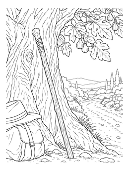 A walking stick and backpack rest under a scenic fig tree coloring page with rolling hills.