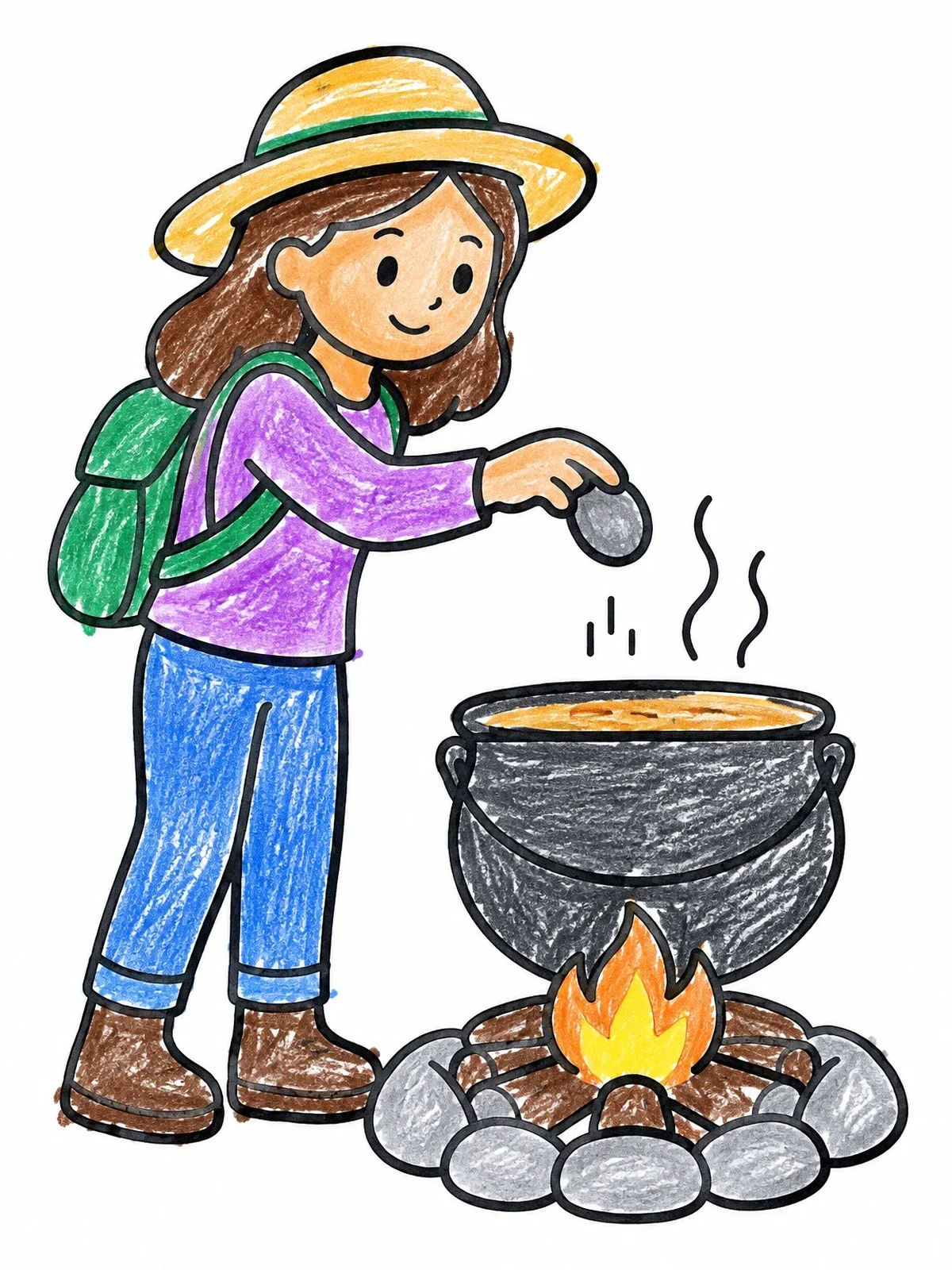 Colored example of the Traveler Cooking Stone Soup Over Campfire coloring page