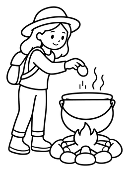 Free printable Traveler Cooking Stone Soup Over Campfire coloring page
