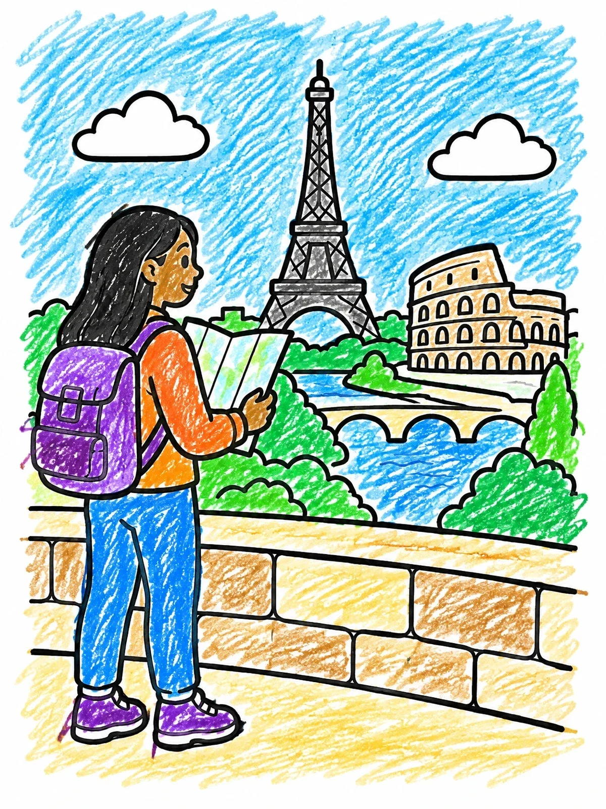 Colored example of the Traveler Viewing European Sights coloring page