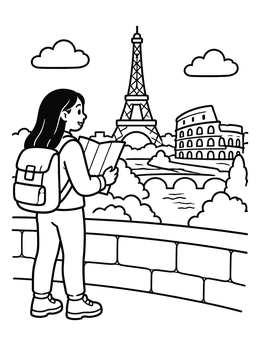 Free printable Traveler Viewing European Sights coloring page