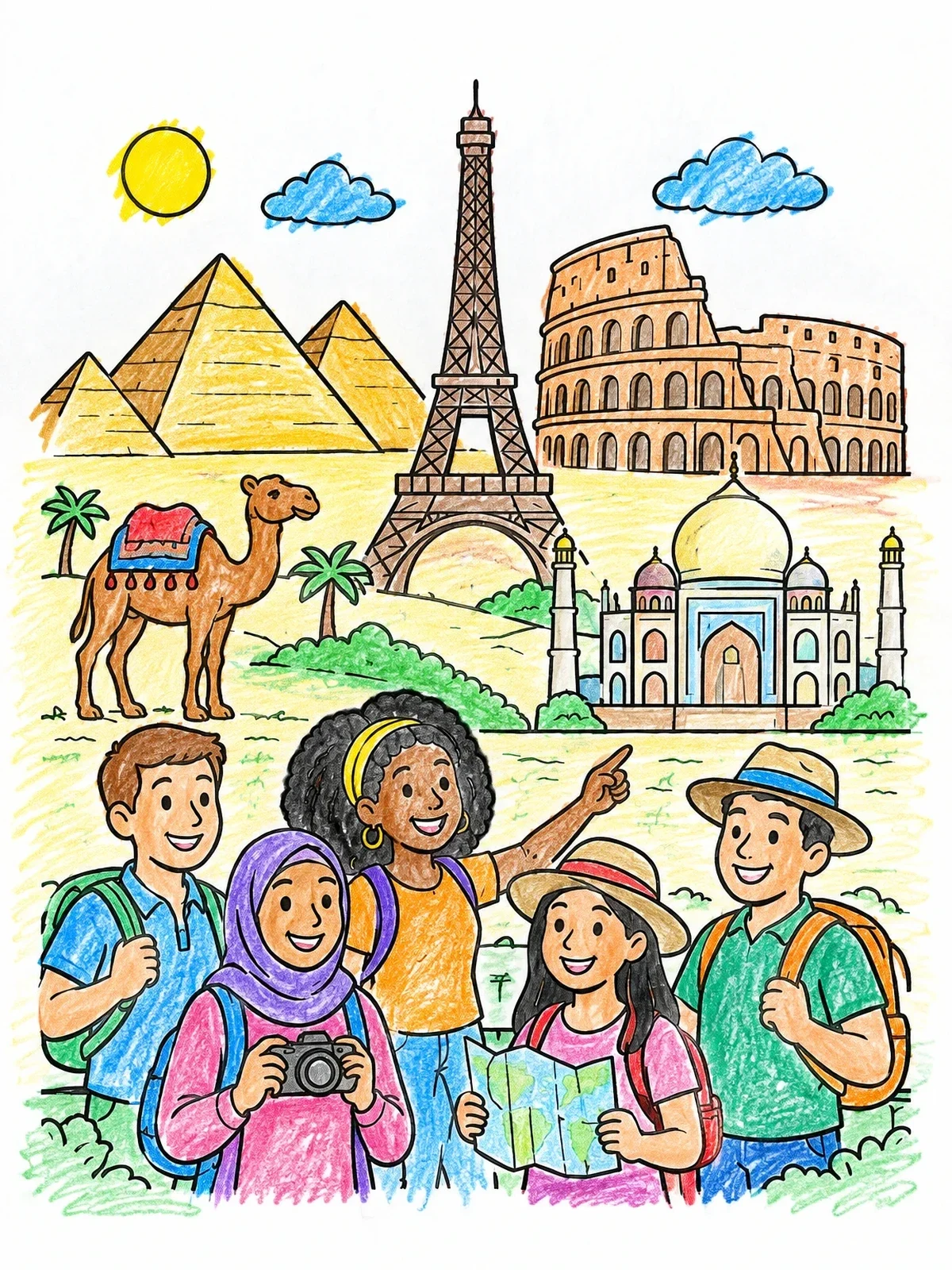Colored example of the Young Travelers And Famous Landmarks coloring page