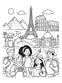 Free printable Young Travelers And Famous Landmarks coloring page