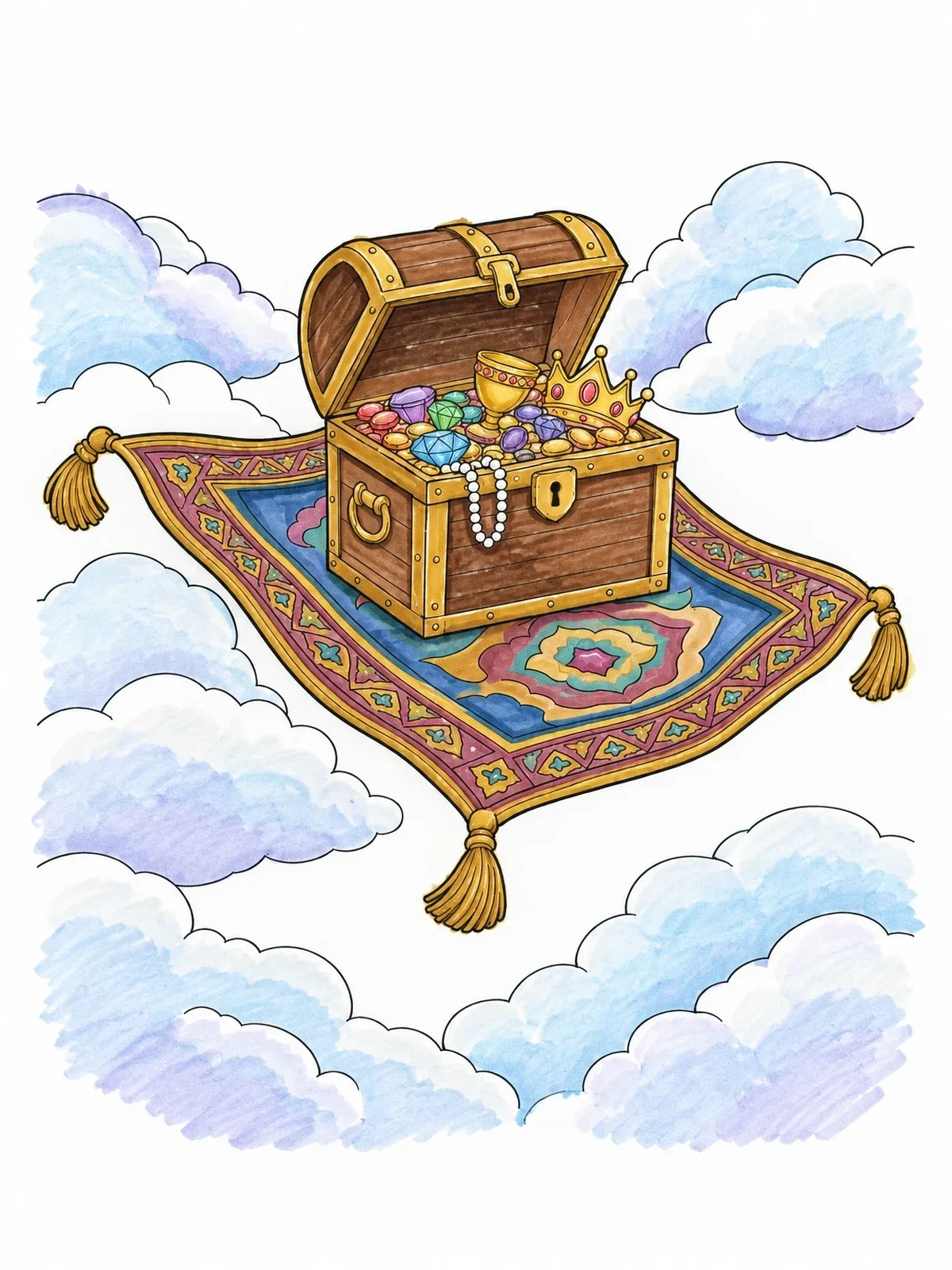 Colored example of the Treasure Chest On Flying Magic Carpet coloring page
