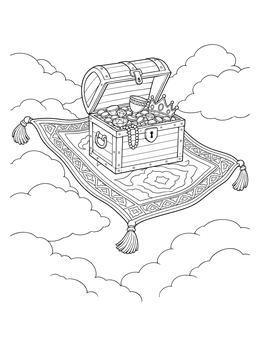 A magic coloring page showing an open treasure chest flying on a carpet above clouds.
