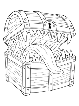 A treasure chest mimic with sharp teeth and a long tongue in this monster coloring page.