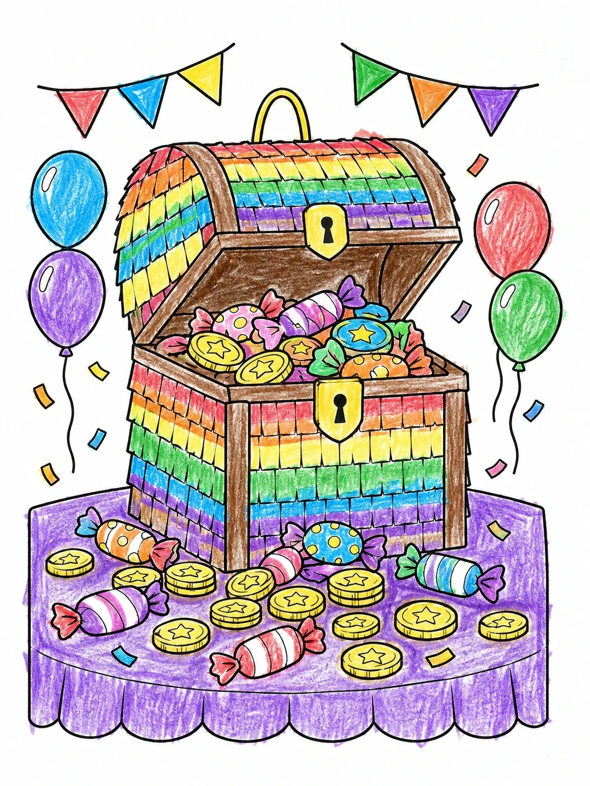 Colored example of the Treasure Chest Piñata With Sweets coloring page