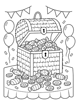 A treasure chest pinata coloring page filled with candies and coins on a party table.