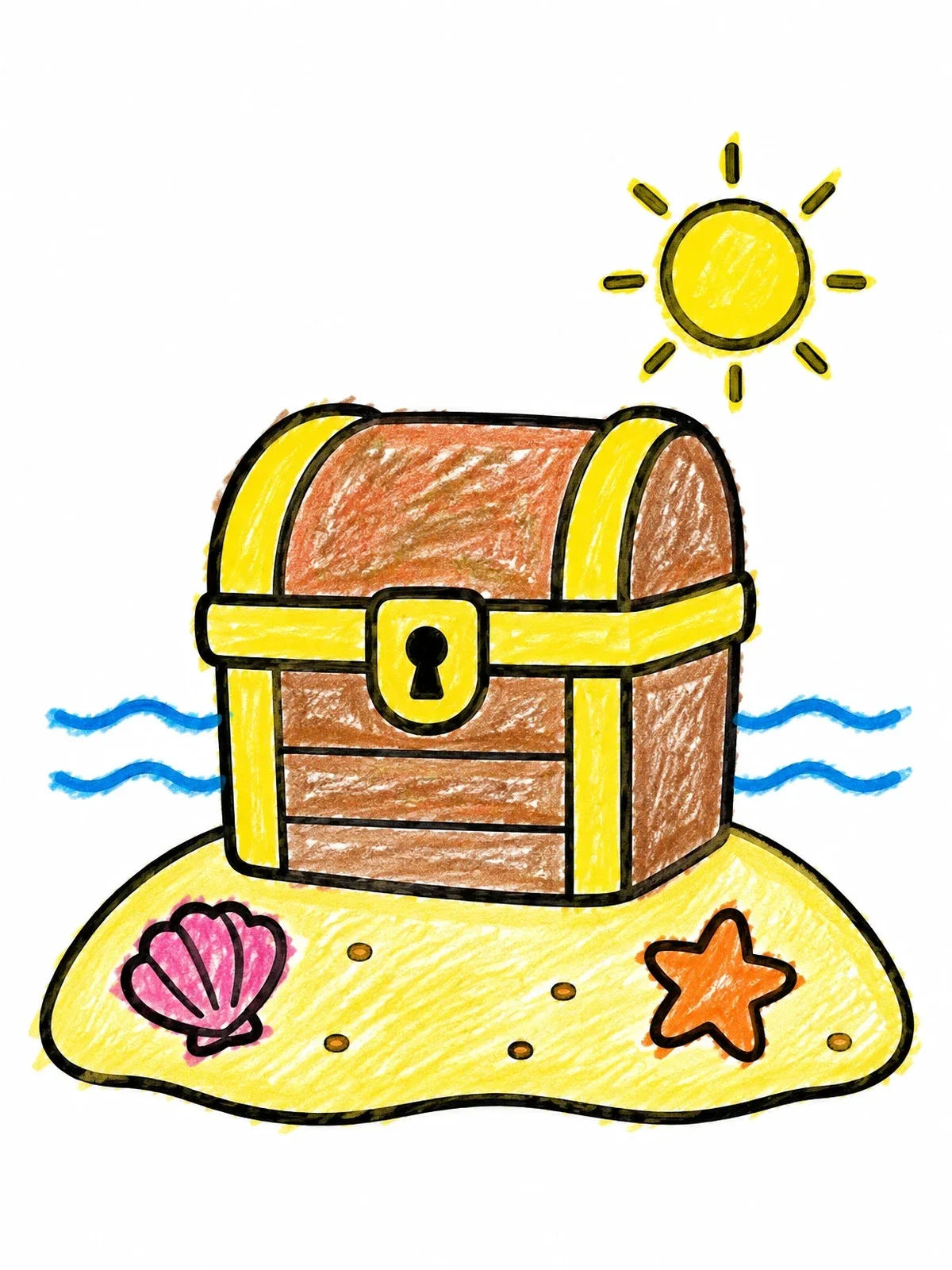 Colored example of the Treasure Chest On Sunny Beach coloring page